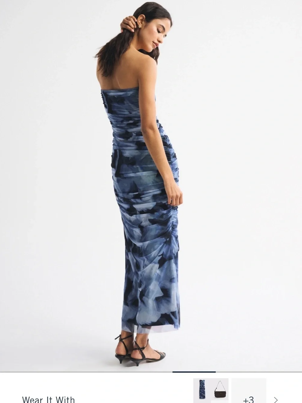 Abercrombie & Fitch Strapless Navy Blue Abstract Ruched Maxi Dress